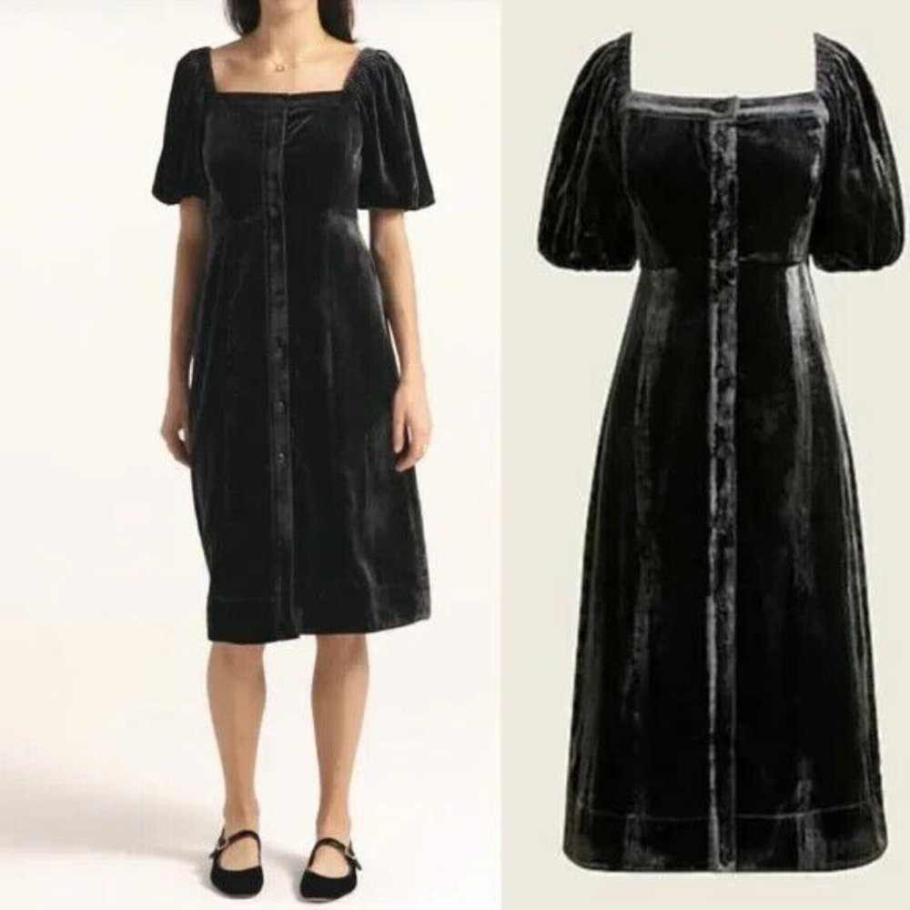 J Crew Black Puff Sleeve Velvet Button Front Dress Square Neck